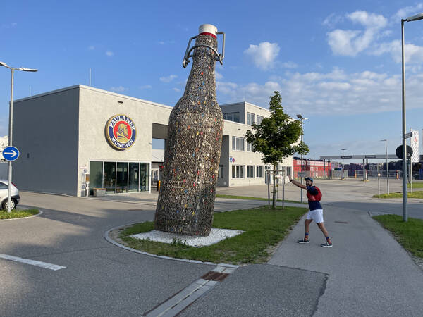 Leaning beer tower of Pisa Paulaner, shot at a weak angle
