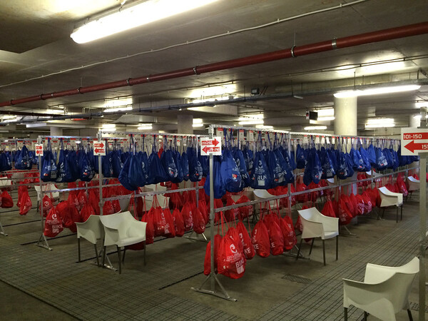 Lots of biking equipment in those blue bags, lots of running equipment in the red ones
