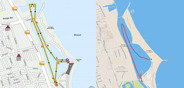 The swim course. Left: the theory and reality, right: the struggling GPS watch